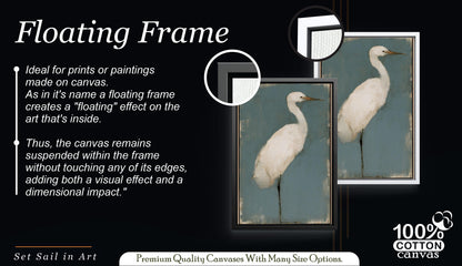 White Egret Canvas Art, Muted Teal Heron Painting