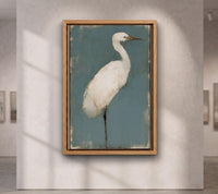 White Egret Canvas Art, Muted Teal Heron Painting