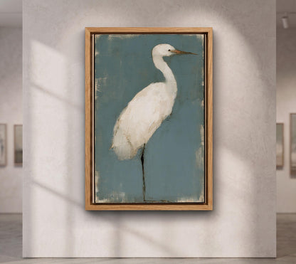 White Egret Canvas Art, Muted Teal Heron Painting