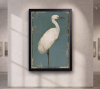 White Egret Canvas Art, Muted Teal Heron Painting