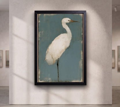 White Egret Canvas Art, Muted Teal Heron Painting
