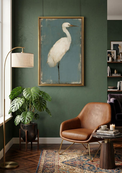 White Egret Canvas Art, Muted Teal Heron Painting
