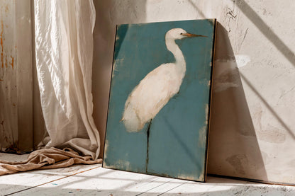 White Egret Canvas Art, Muted Teal Heron Painting