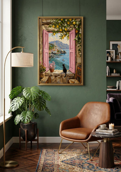 Amalfi Coast Window and Black Cat Canvas