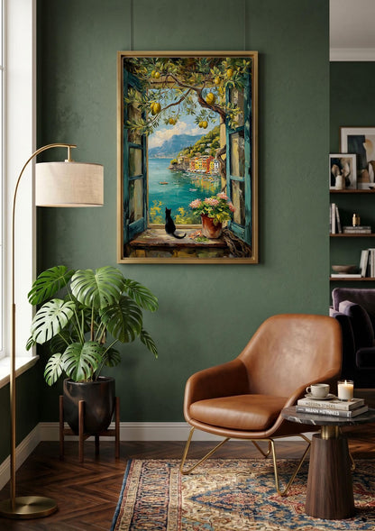Open Window and Black Cat Canvas, Lemon Tree Art