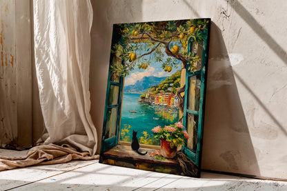 Open Window and Black Cat Canvas, Lemon Tree Art