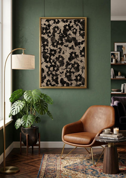 Vintage Black Floral Canvas Wall Art, Neutral Botanical Abstract Print