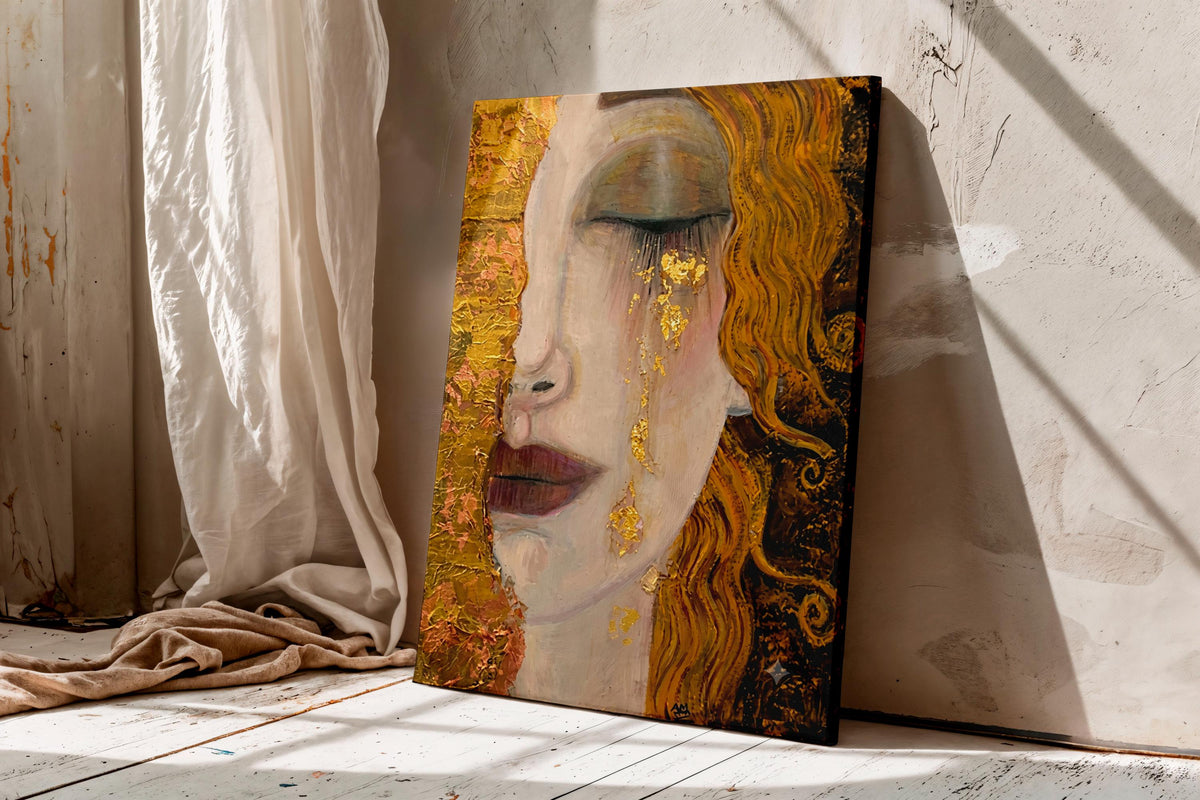 Gold Leaf Woman Portrait Canvas, Gustav Klimt Inspired Wall Art