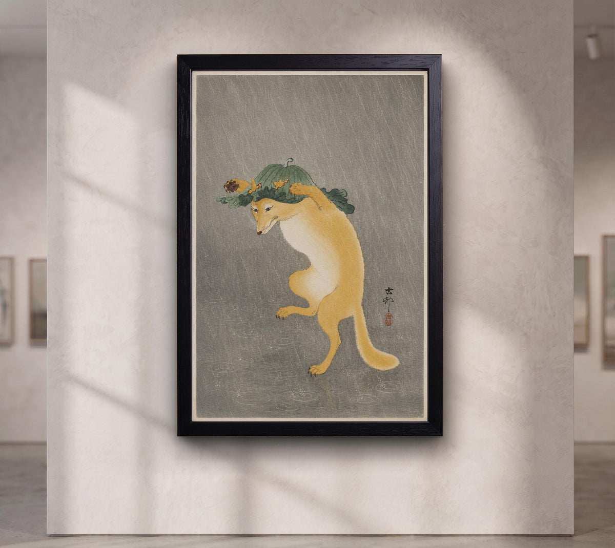 Dancing Fox with Lotus Leaf Hat by Ohara Koson