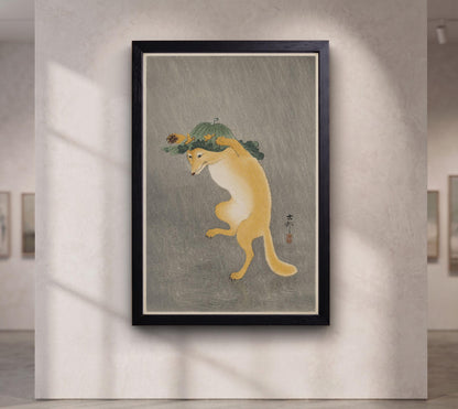 Dancing Fox with Lotus Leaf Hat by Ohara Koson