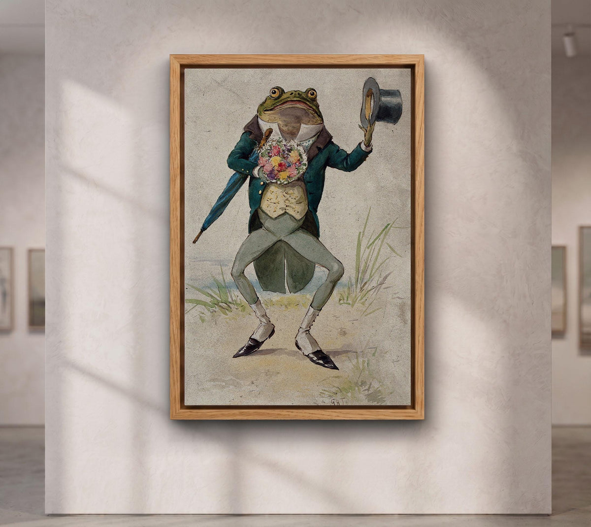 A toad in morning dress, holding an umbrella and a bunch of flowers.