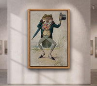 A toad in morning dress, holding an umbrella and a bunch of flowers.