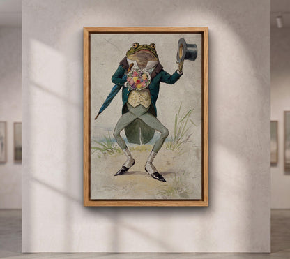 A toad in morning dress, holding an umbrella and a bunch of flowers.