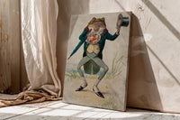 A toad in morning dress, holding an umbrella and a bunch of flowers.