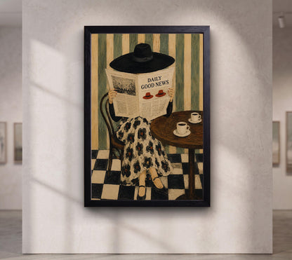Daily Good News Café Art Print, Whimsical Naive Wall Art