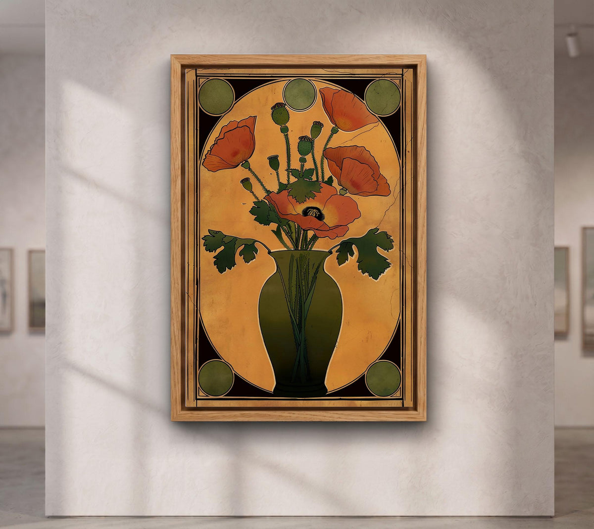Art Nouveau Floral Vase Print, Orange Olive Green Art
