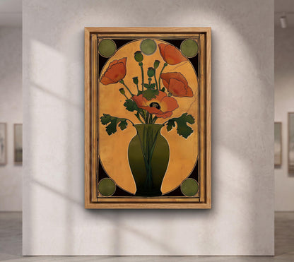 Art Nouveau Floral Vase Print, Orange Olive Green Art