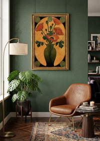 Art Nouveau Floral Vase Print, Orange Olive Green Art