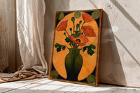 Art Nouveau Floral Vase Print, Orange Olive Green Art