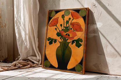 Art Nouveau Floral Vase Print, Orange Olive Green Art