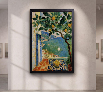 Amalfi Coast Lemon Tree Oil Painting, Vibrant Mediterranean Print