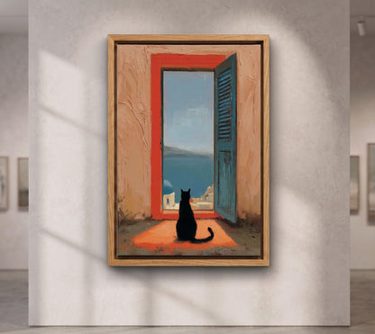 Black Cat Santorini Oil Painting, Mediterranean Sea View Canvas