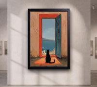 Black Cat Santorini Oil Painting, Mediterranean Sea View Canvas