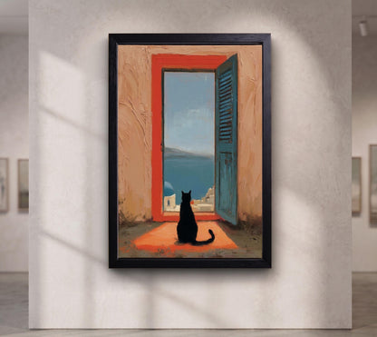 Black Cat Santorini Oil Painting, Mediterranean Sea View Canvas