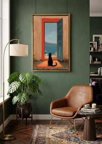 Black Cat Santorini Oil Painting, Mediterranean Sea View Canvas