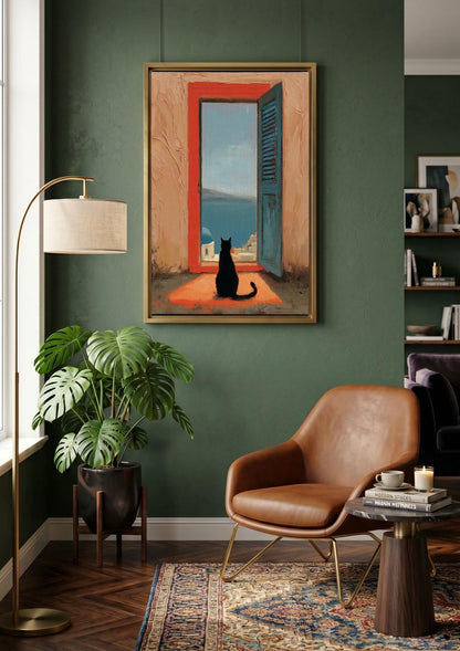 Black Cat Santorini Oil Painting, Mediterranean Sea View Canvas