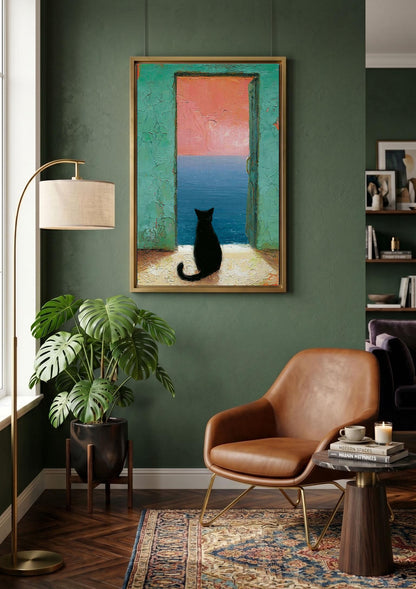 Black Cat Canvas Art, Mediterranean Sea View Painting