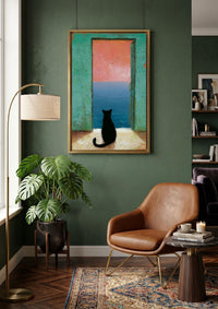 Black Cat Canvas Art, Mediterranean Sea View Painting