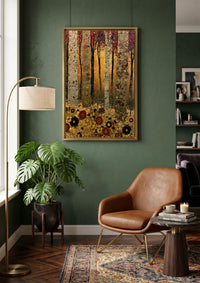 Gustav Klimt Style Forest Wall Art, Green Gold Mosaic Tree Canvas Painting