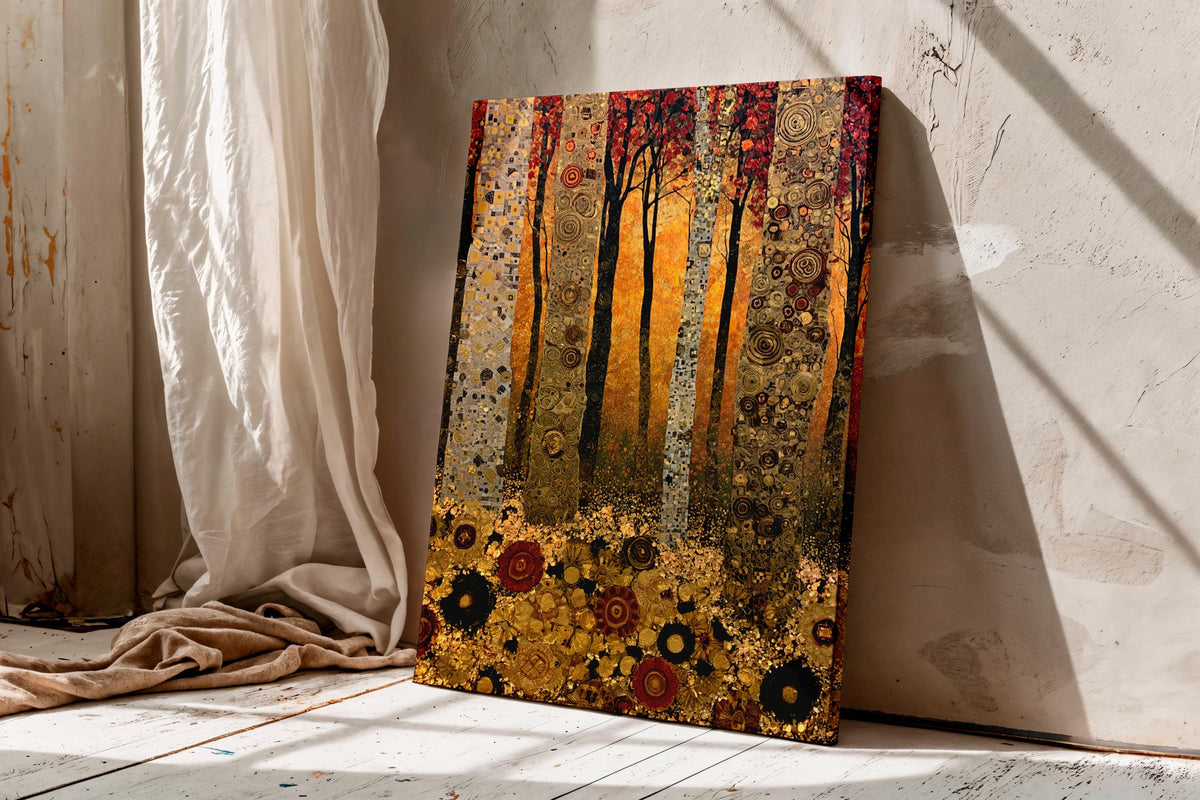 Gustav Klimt Style Forest Wall Art, Green Gold Mosaic Tree Canvas Painting