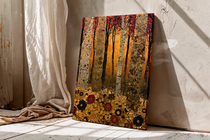 Gustav Klimt Style Forest Wall Art, Green Gold Mosaic Tree Canvas Painting