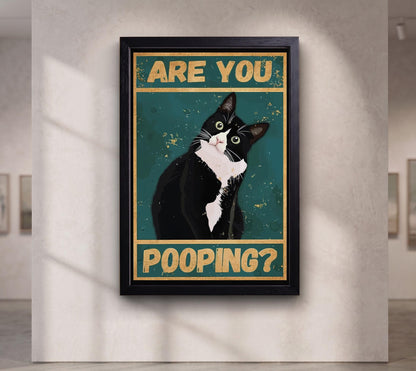 Tuxedo Cat Pooping Poster, Funny Retro Bathroom Wall Art