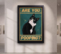 Tuxedo Cat Pooping Poster, Funny Retro Bathroom Wall Art