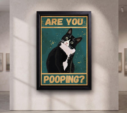 Tuxedo Cat Pooping Poster, Funny Retro Bathroom Wall Art