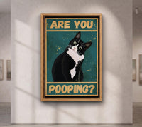 Tuxedo Cat Pooping Poster, Funny Retro Bathroom Wall Art
