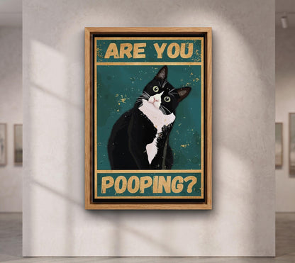 Tuxedo Cat Pooping Poster, Funny Retro Bathroom Wall Art