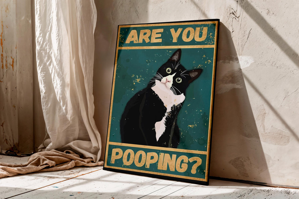 Tuxedo Cat Pooping Poster, Funny Retro Bathroom Wall Art