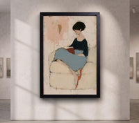 Minimalist Woman Reading Book Canvas Art, Abstract Woman on Sofa Painting