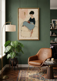 Minimalist Woman Reading Book Canvas Art, Abstract Woman on Sofa Painting
