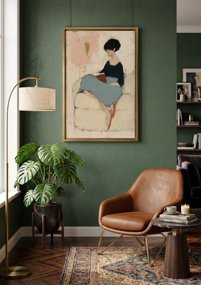Minimalist Woman Reading Book Canvas Art, Abstract Woman on Sofa Painting
