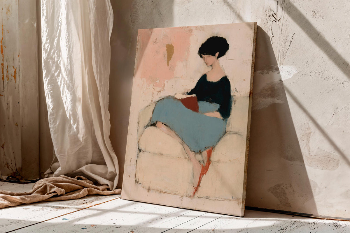 Minimalist Woman Reading Book Canvas Art, Abstract Woman on Sofa Painting