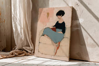 Minimalist Woman Reading Book Canvas Art, Abstract Woman on Sofa Painting