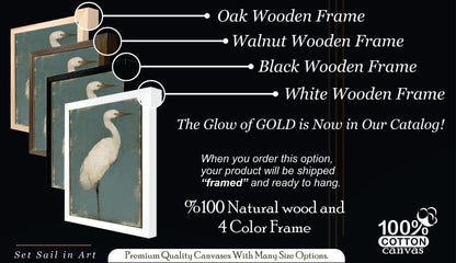 White Egret Canvas Art, Muted Teal Heron Painting