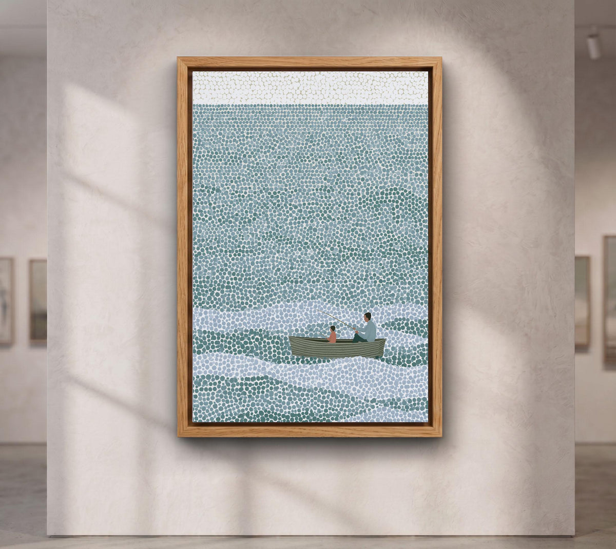 Father and Son Fishing Canvas Wall Art, Pointillism Ocean Painting