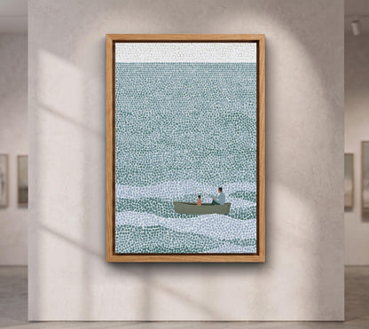 Father and Son Fishing Canvas Wall Art, Pointillism Ocean Painting