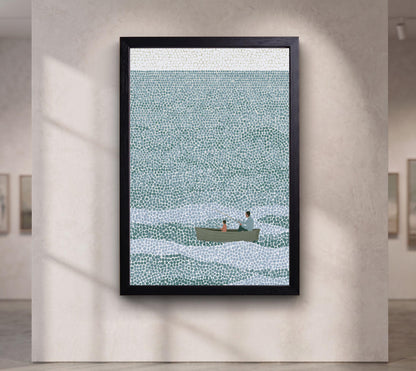 Father and Son Fishing Canvas Wall Art, Pointillism Ocean Painting